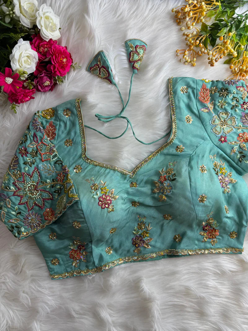 Pastel Shades Soft Silk Blouse With Hand Embroidery