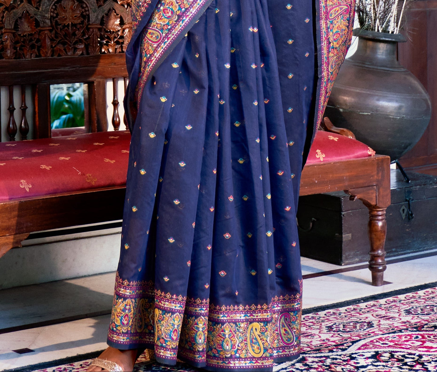 Buy Blue Banarasi Silk Saree In Online-STORI