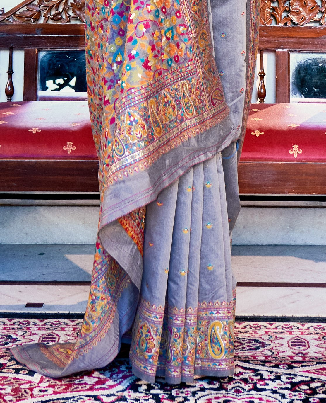 Buy Grey Banarasi Silk Saree Online-STORI