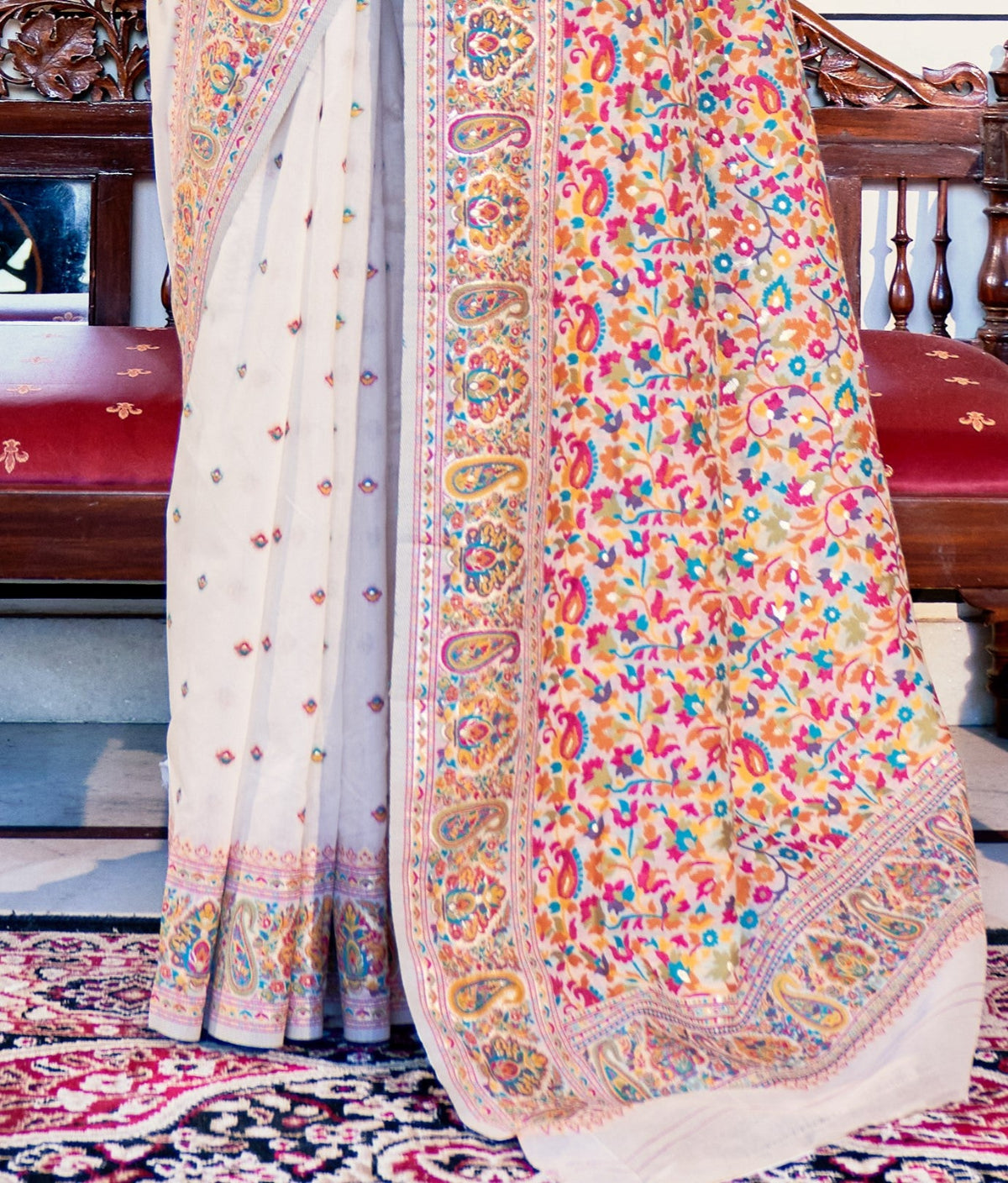 Buy White Banarasi Silk Saree Online-STORI