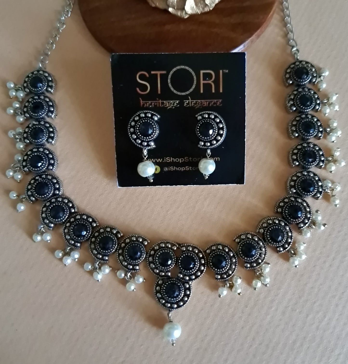 Rutuja Studded Stone Oxidised Necklace Set