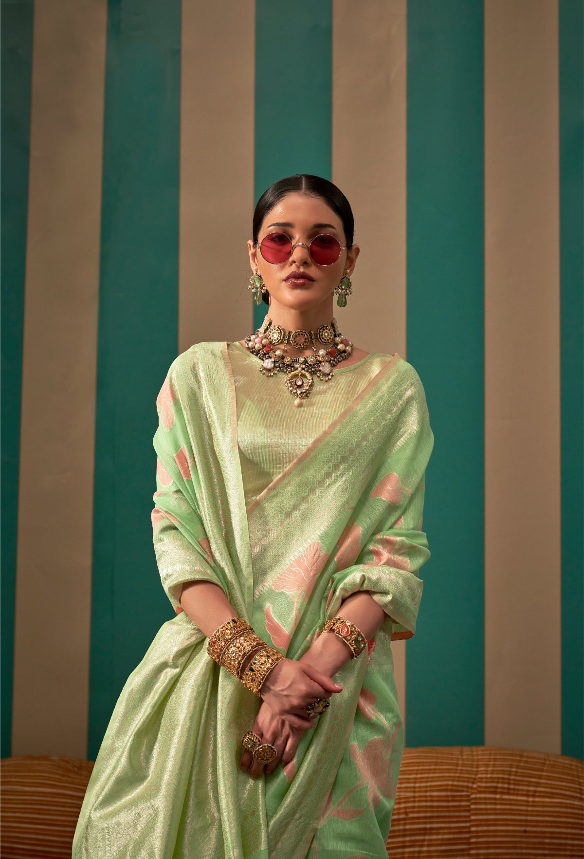 Green Handloom Woven Linen Saree Online in India