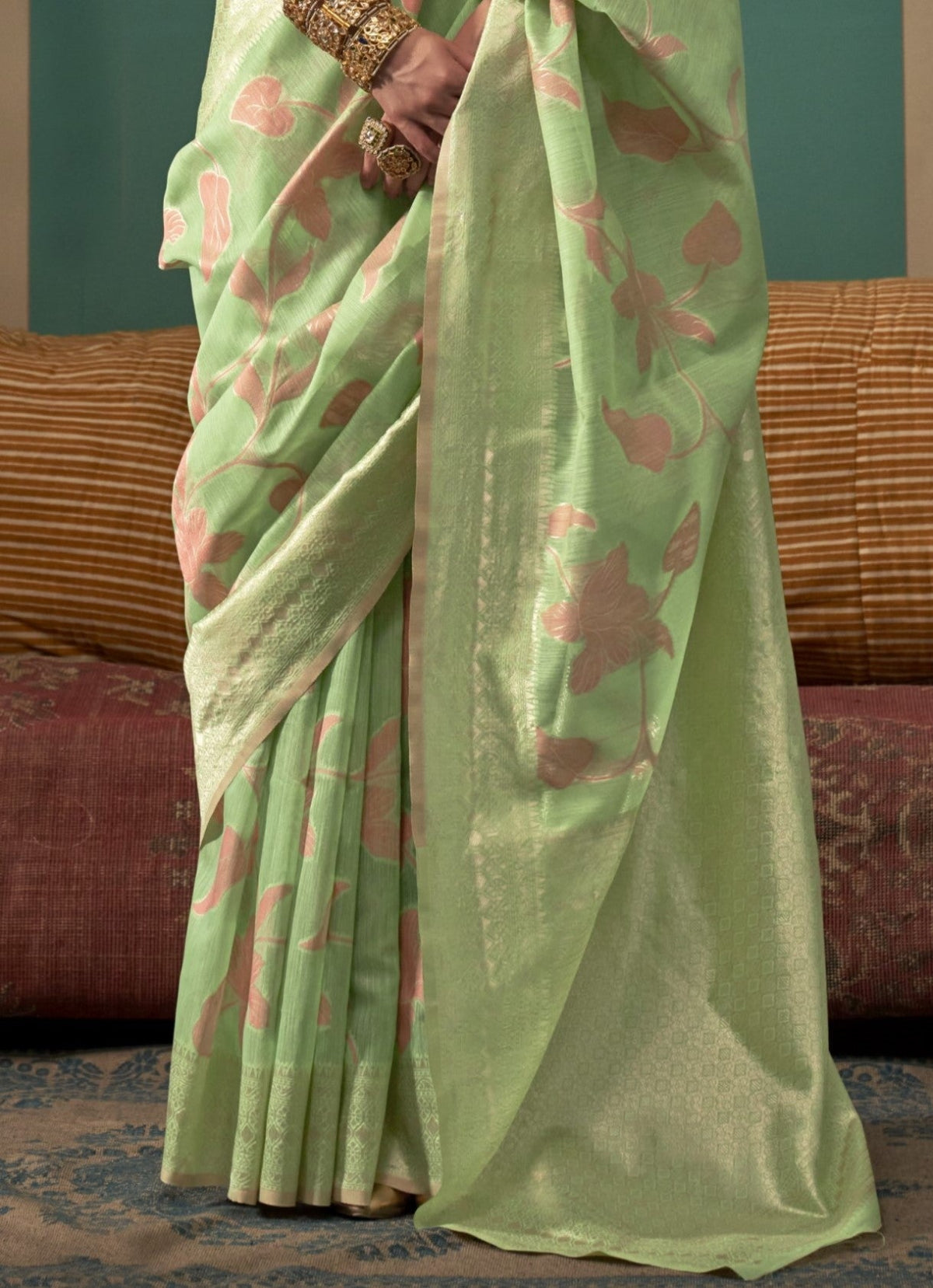 Green Handloom Woven Linen Saree Online in India