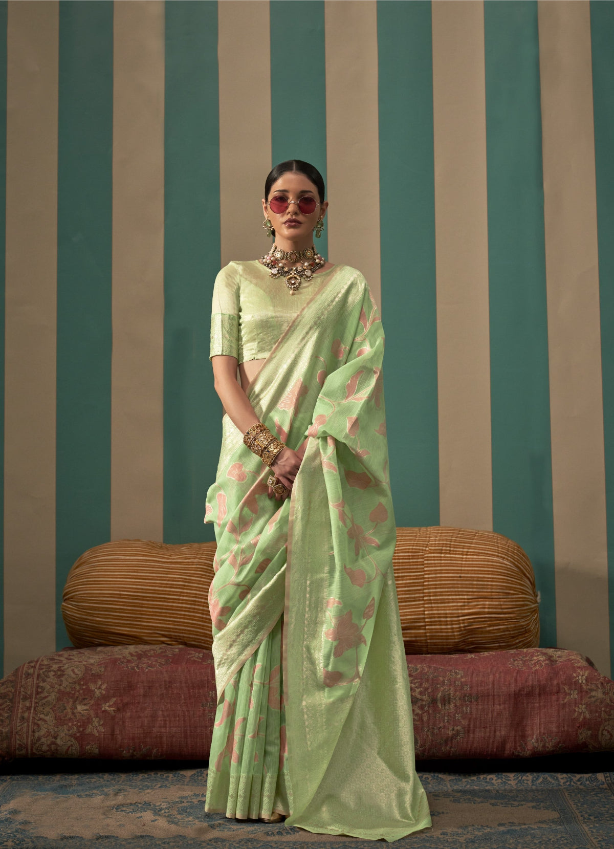 Green Handloom Woven Linen Saree Online in India