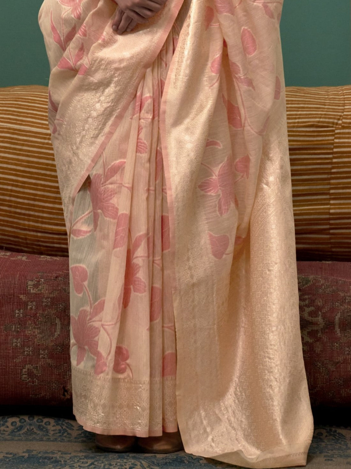 Ivory Brown Handloom Woven Linen Saree Online in India