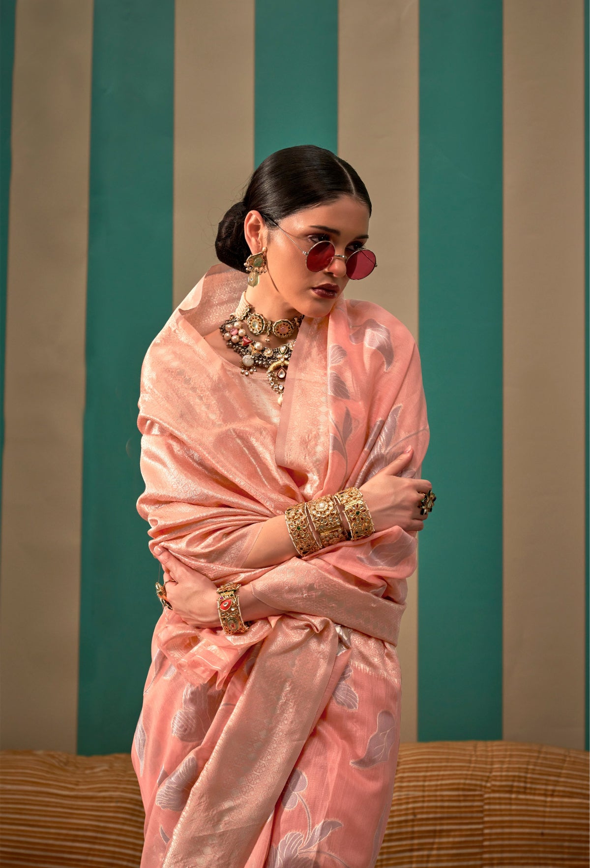 Salmon Peach Handloom Woven Linen Saree Online in India