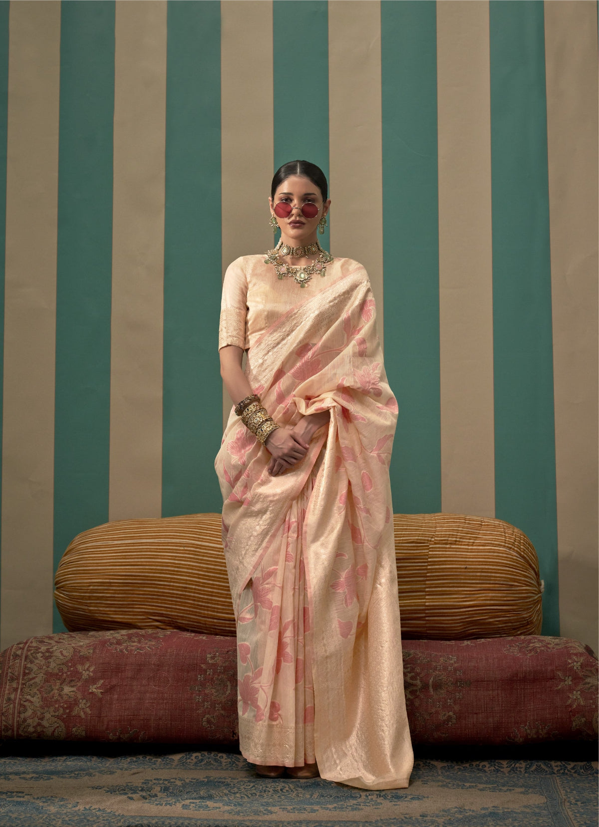 Ivory Brown Handloom Woven Linen Saree Online in India