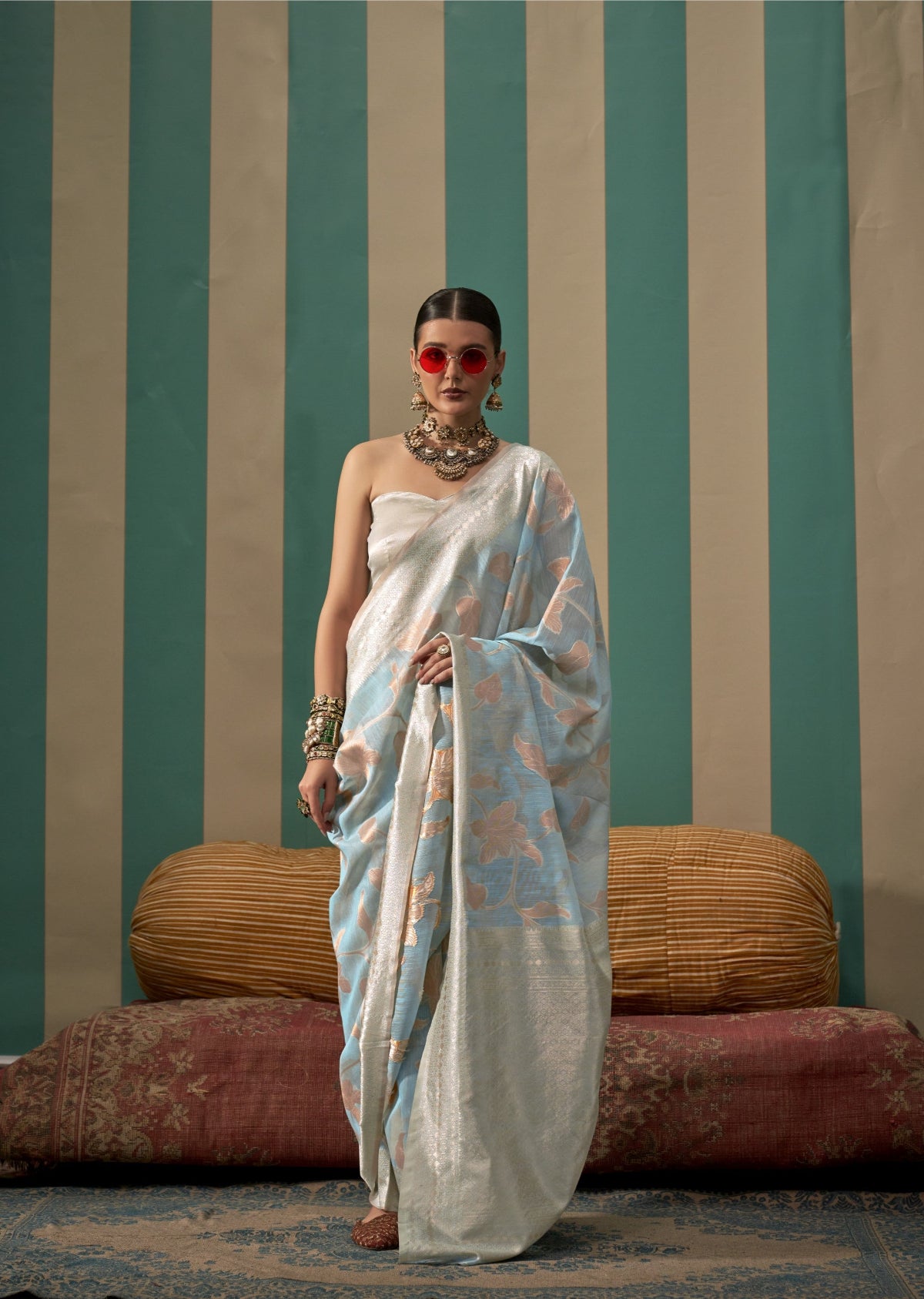 Light Blue Handloom Woven Linen Saree Online in India