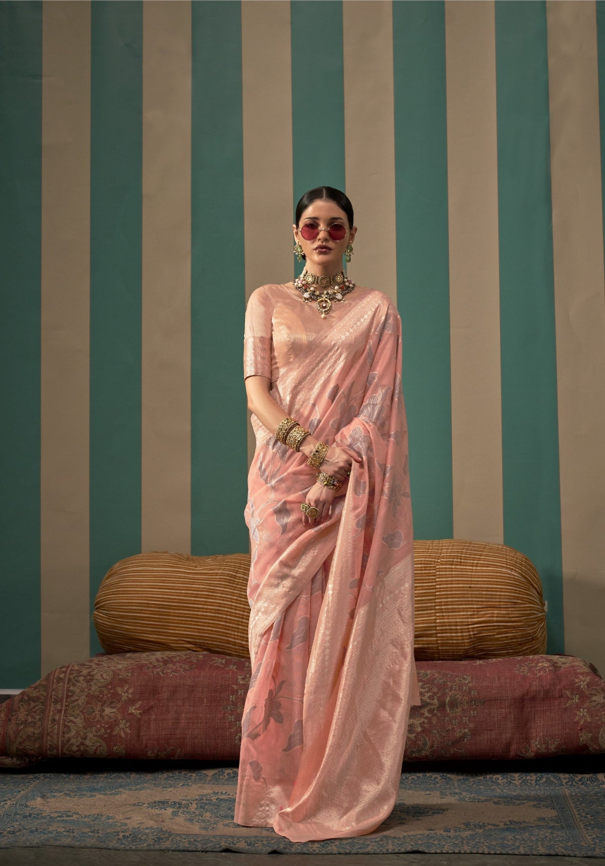 Salmon Peach Handloom Woven Linen Saree Online in India
