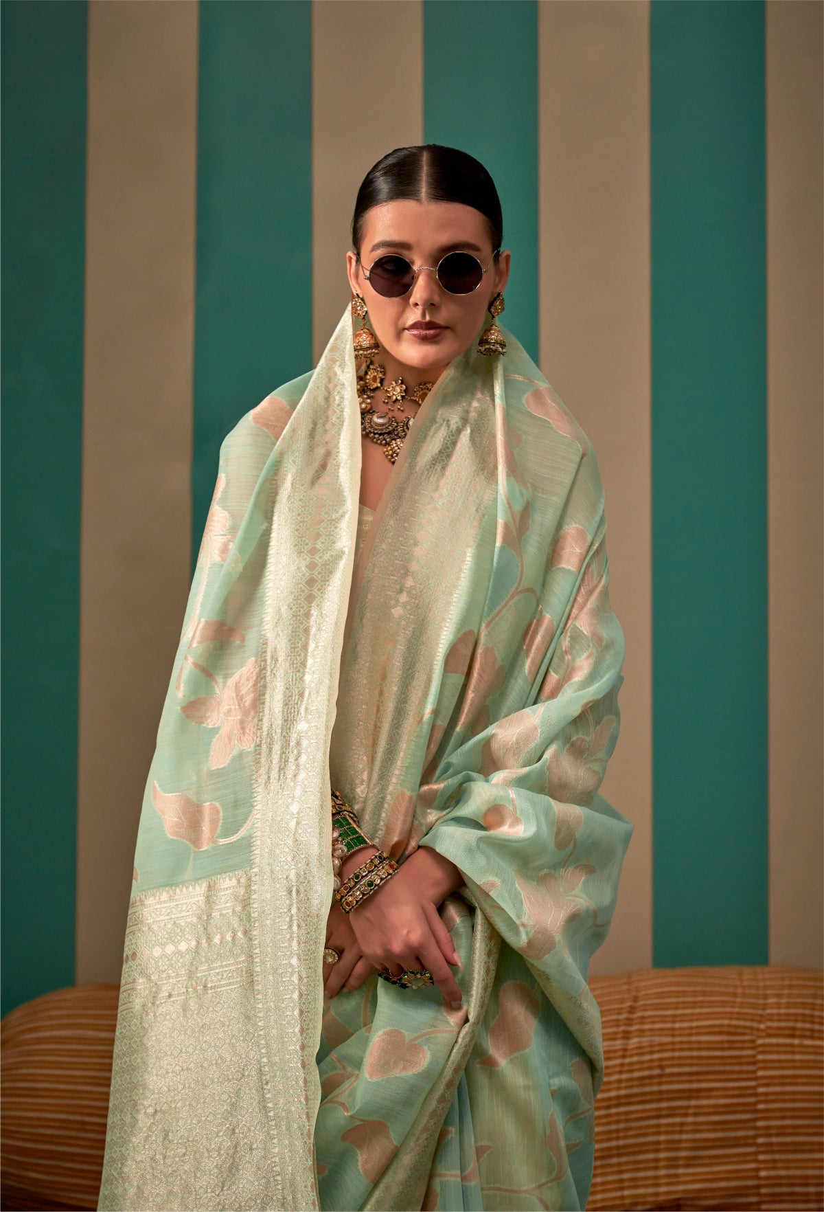 Pear Green Handloom Woven Linen Saree Online in India