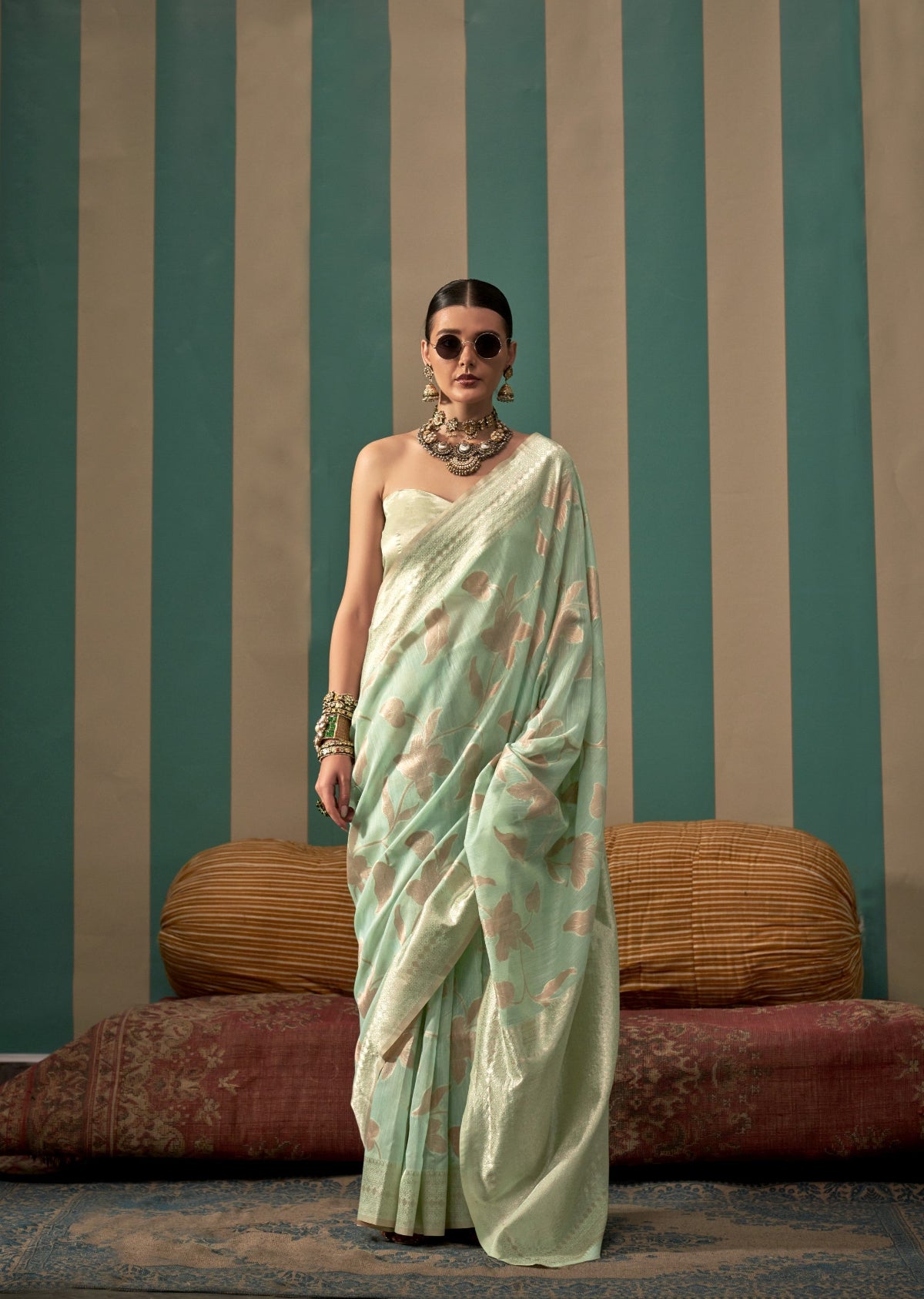 Pear Green Handloom Woven Linen Saree Online in India