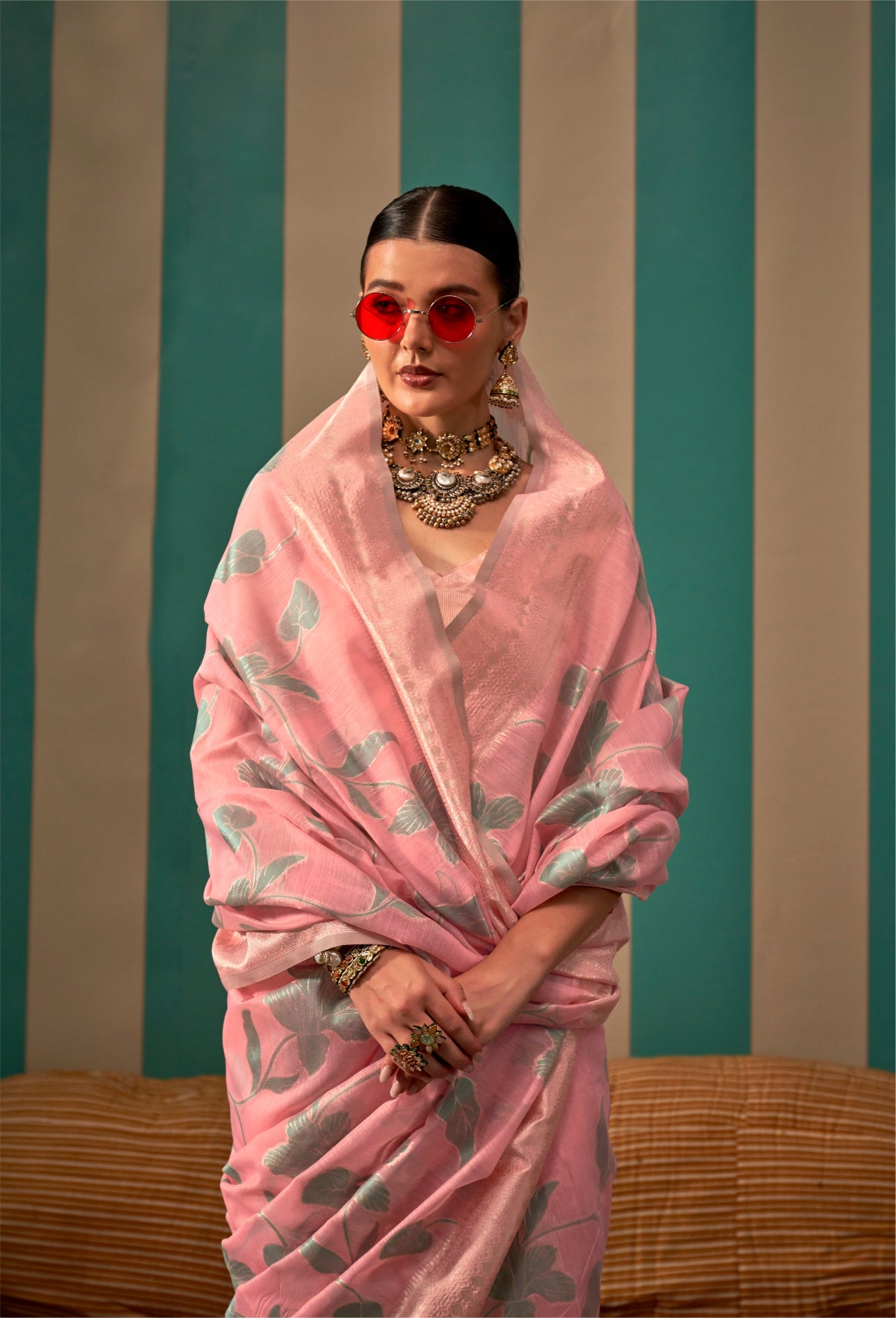 Light Pink Handloom Woven Linen Saree Online in India