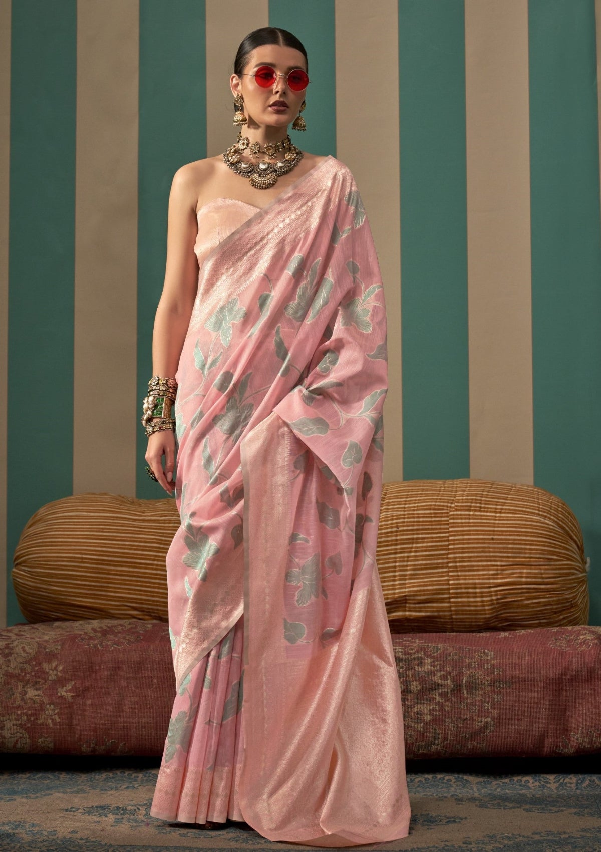 Light Pink Handloom Woven Linen Saree Online in India
