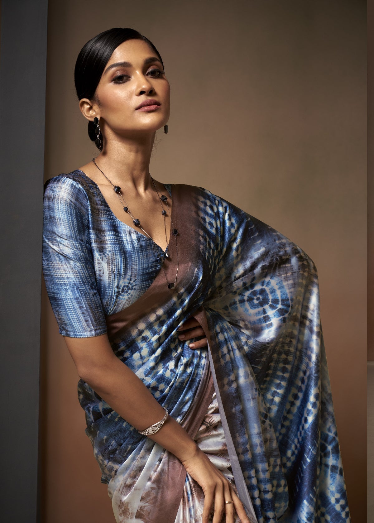 Blue & Brown Bollywood Satin Crepe Sarees Online in India