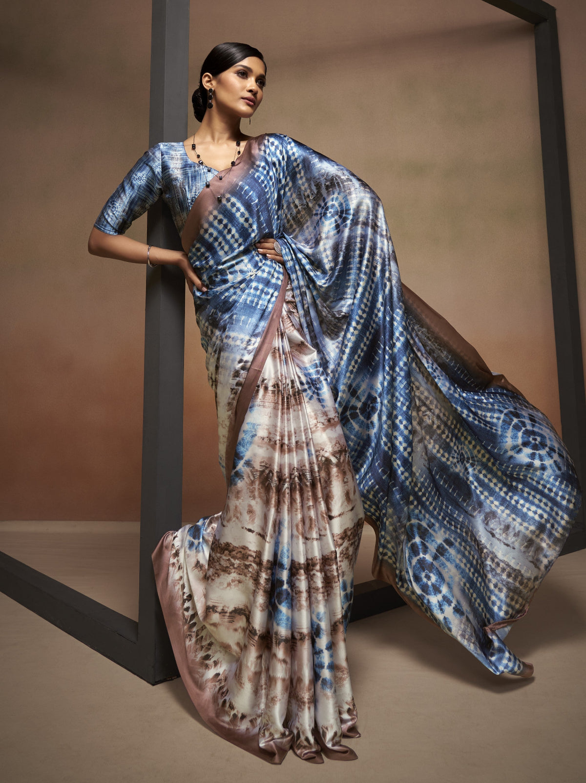Blue & Brown Bollywood Satin Crepe Sarees Online in India
