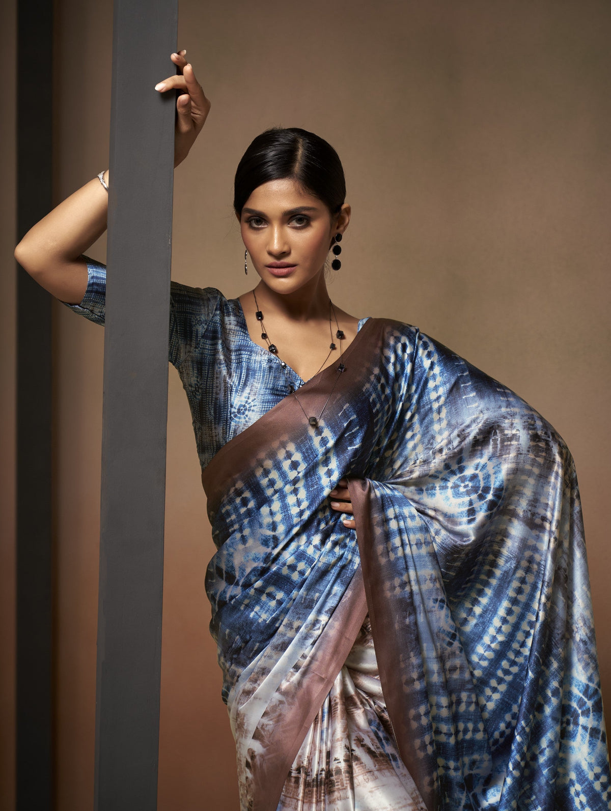 Blue & Brown Bollywood Satin Crepe Sarees Online in India