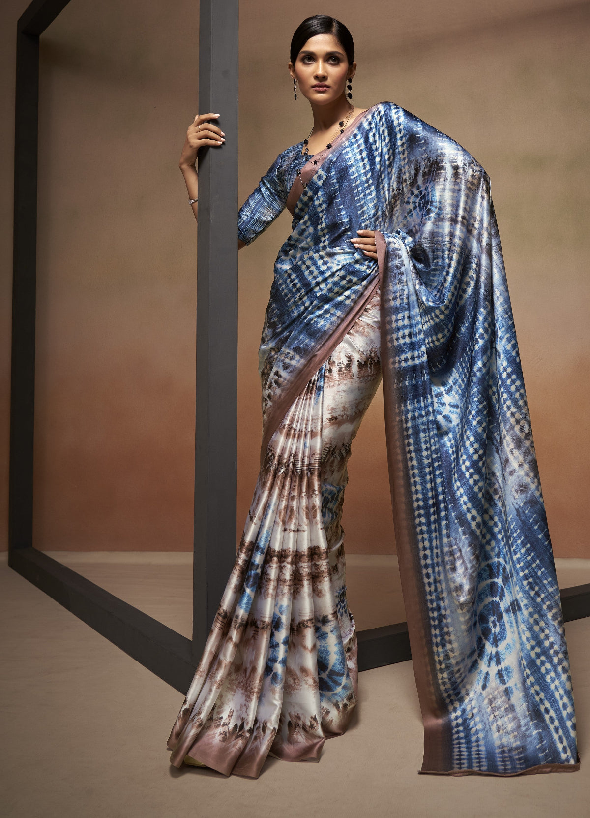 Blue & Brown Bollywood Satin Crepe Sarees Online in India