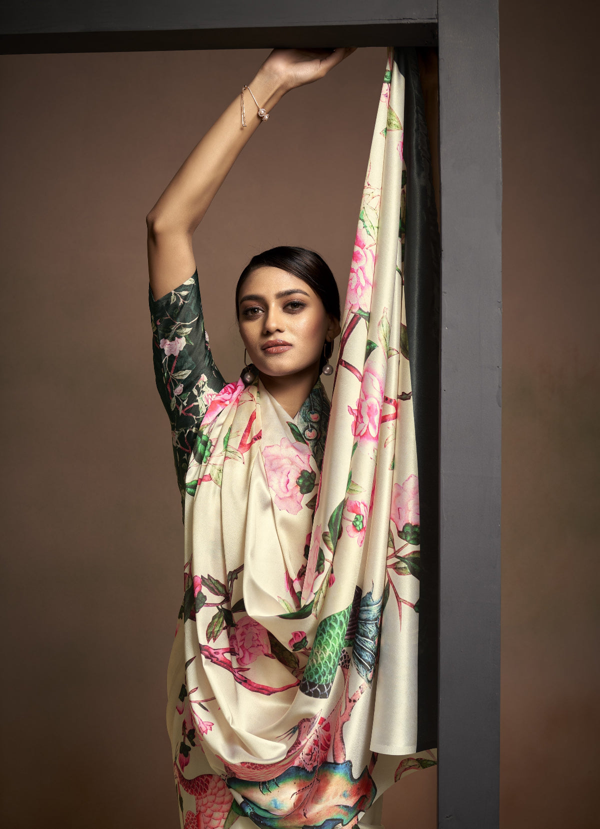 Cream Floral Satin Bollywood Satin Crepe Sarees Online in India