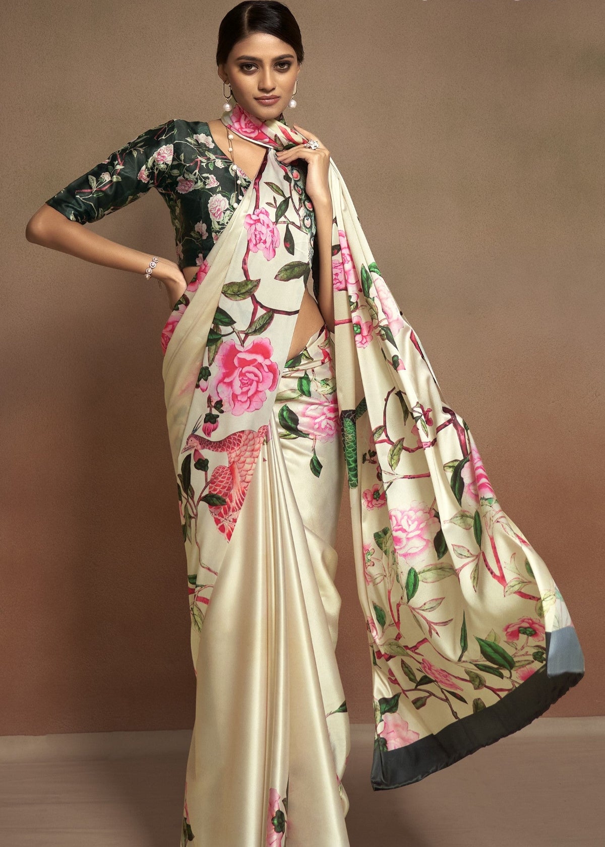 Cream Floral Satin Bollywood Satin Crepe Sarees Online in India