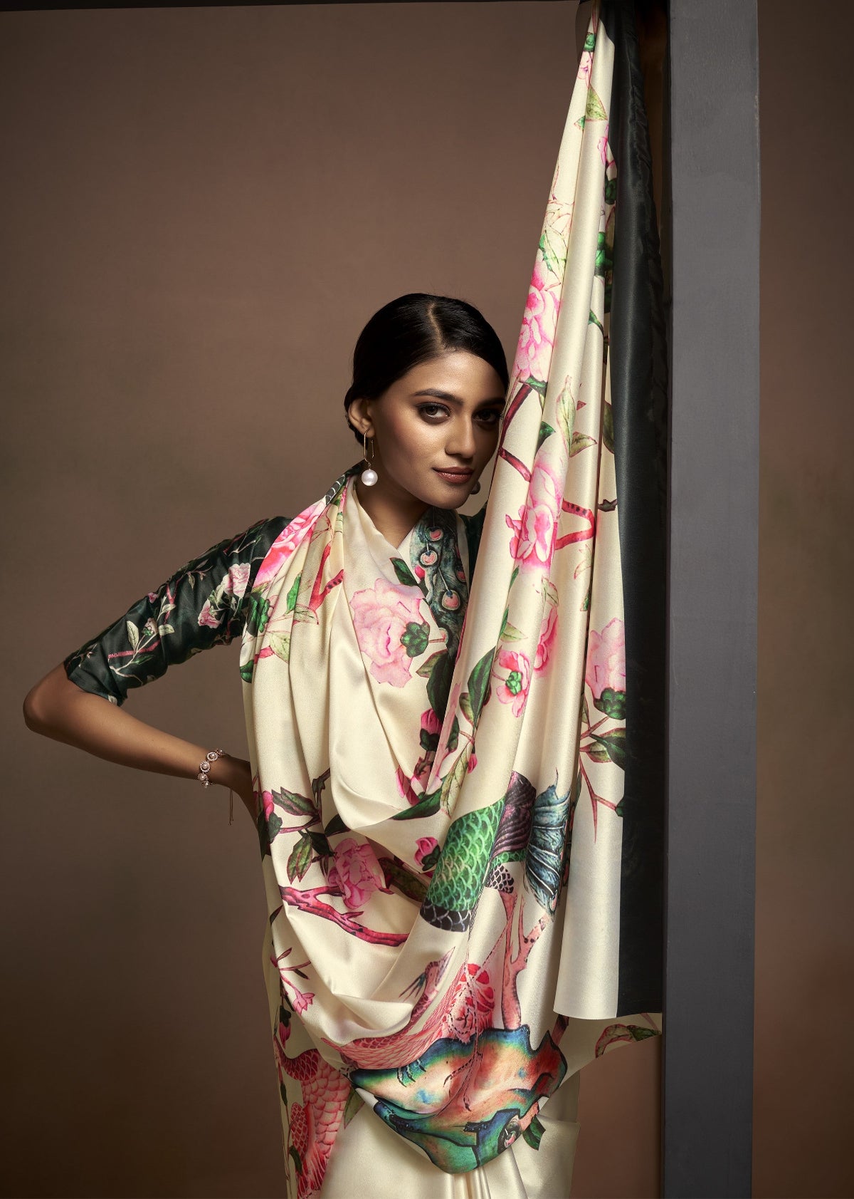 Cream Floral Satin Bollywood Satin Crepe Sarees Online in India