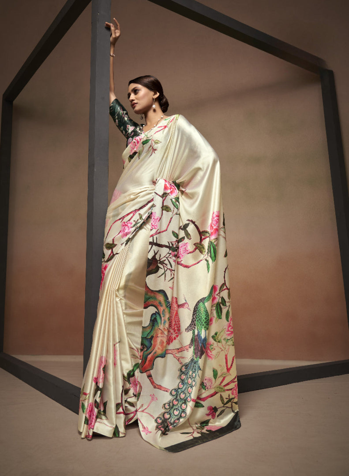 Cream Floral Satin Bollywood Satin Crepe Sarees Online in India
