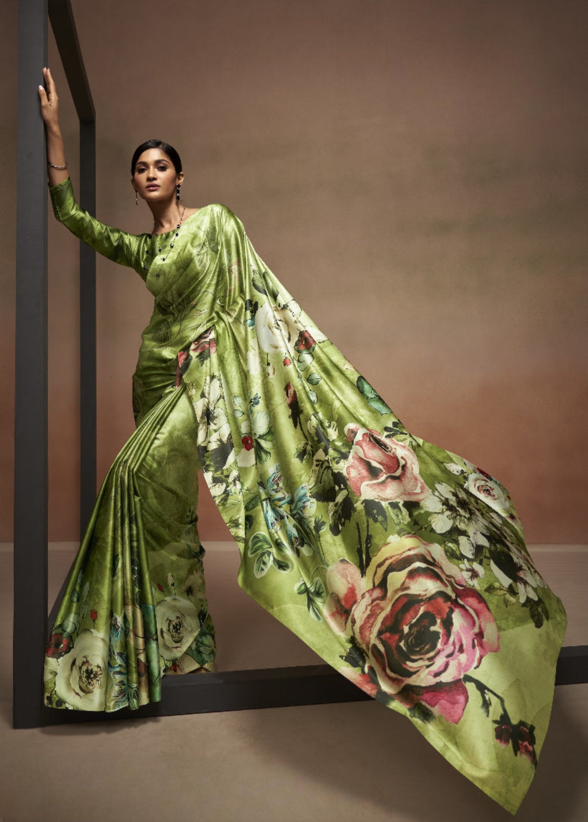 Bright Olive Green Floral Bollywood Satin Crepe Sarees Online in India