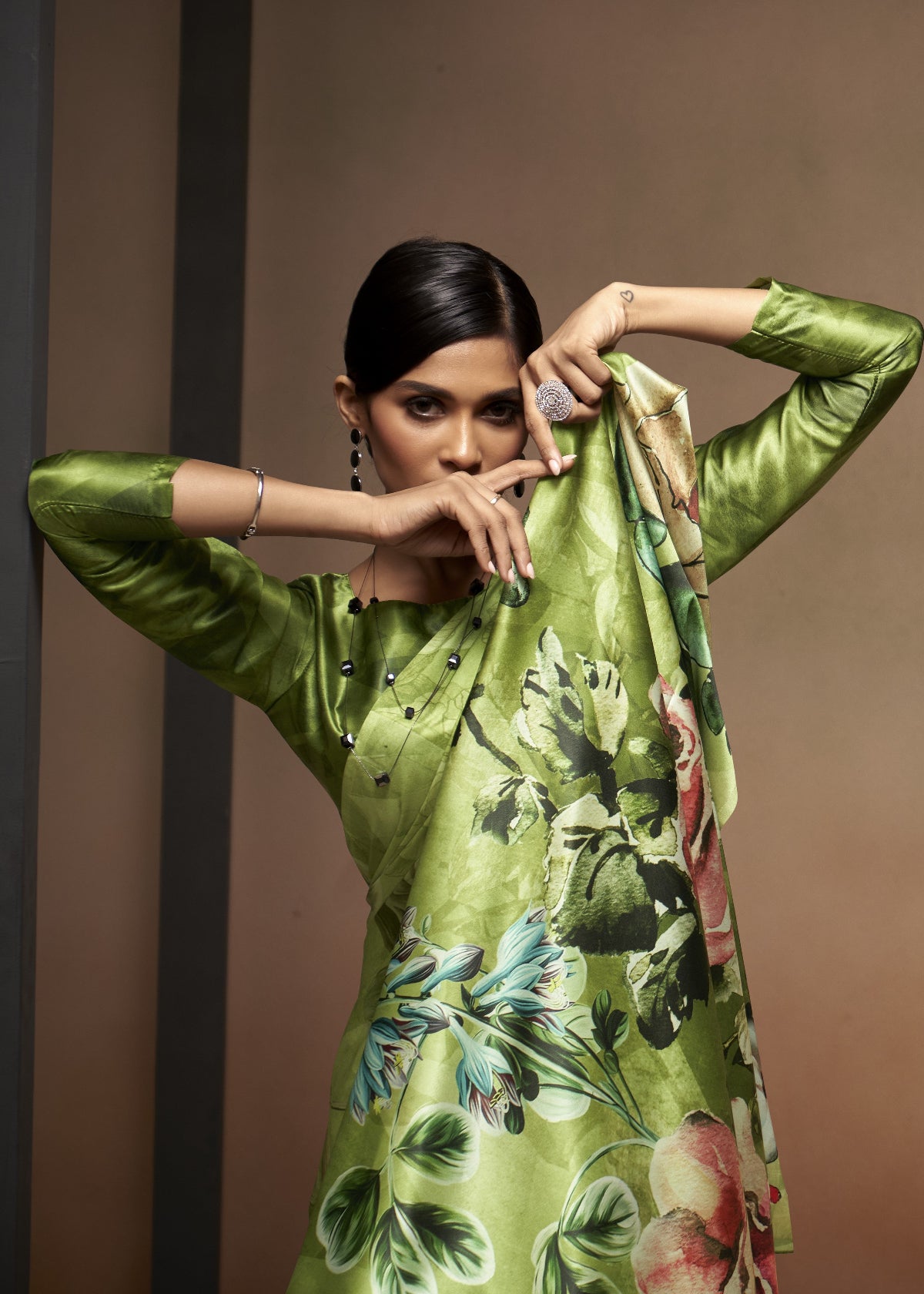 Bright Olive Green Floral Bollywood Satin Crepe Sarees Online in India