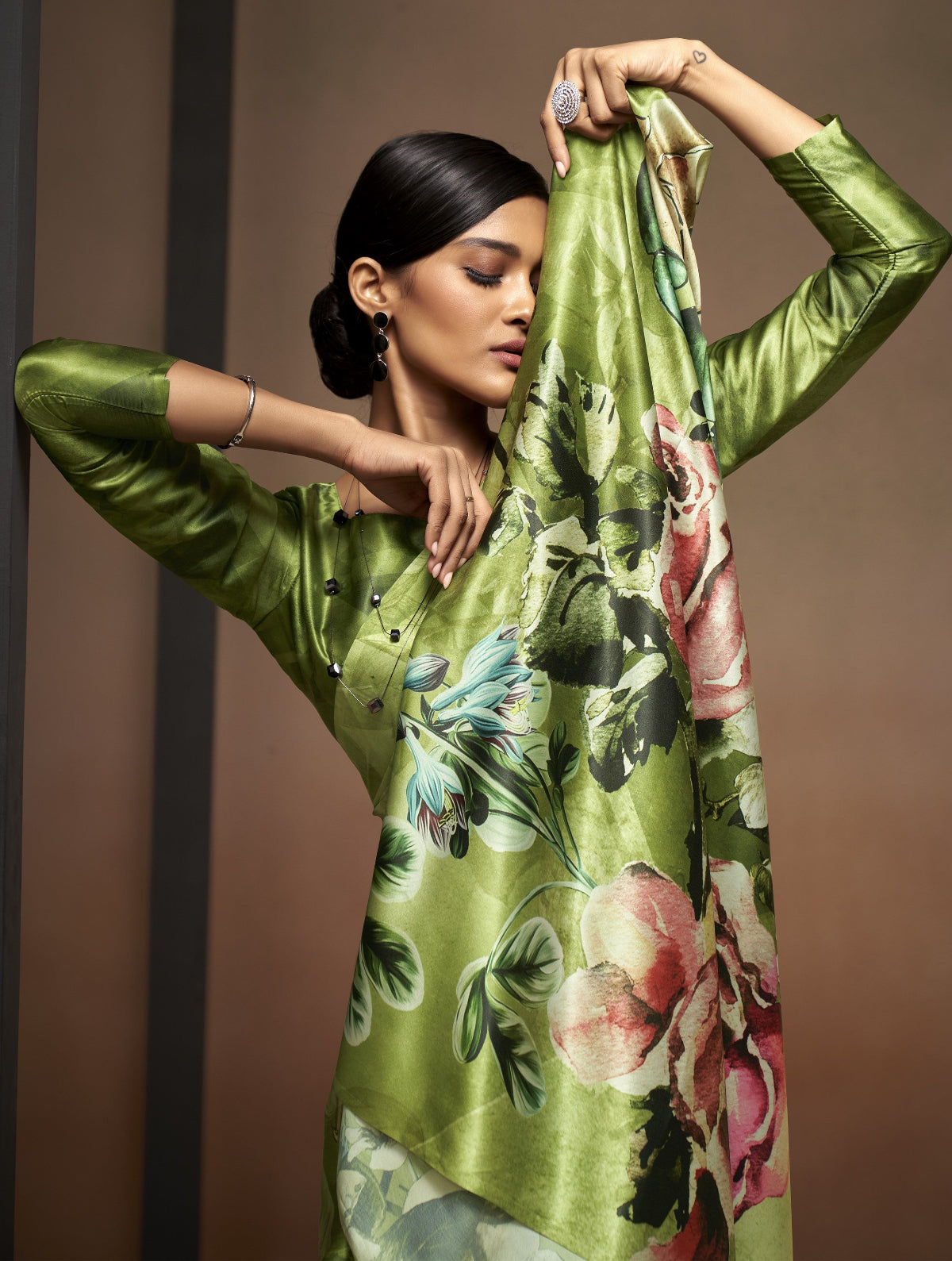 Bright Olive Green Floral Bollywood Satin Crepe Sarees Online in India