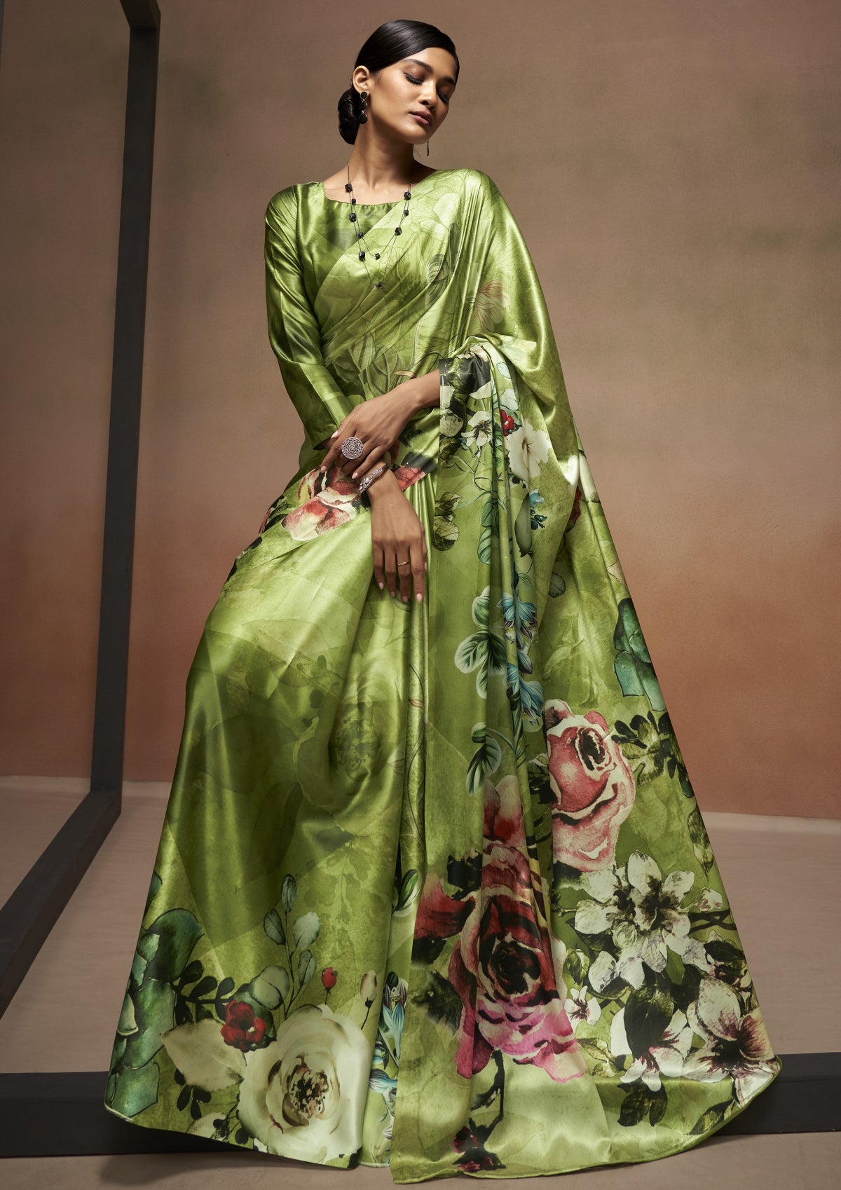 Bright Olive Green Floral Bollywood Satin Crepe Sarees Online in India