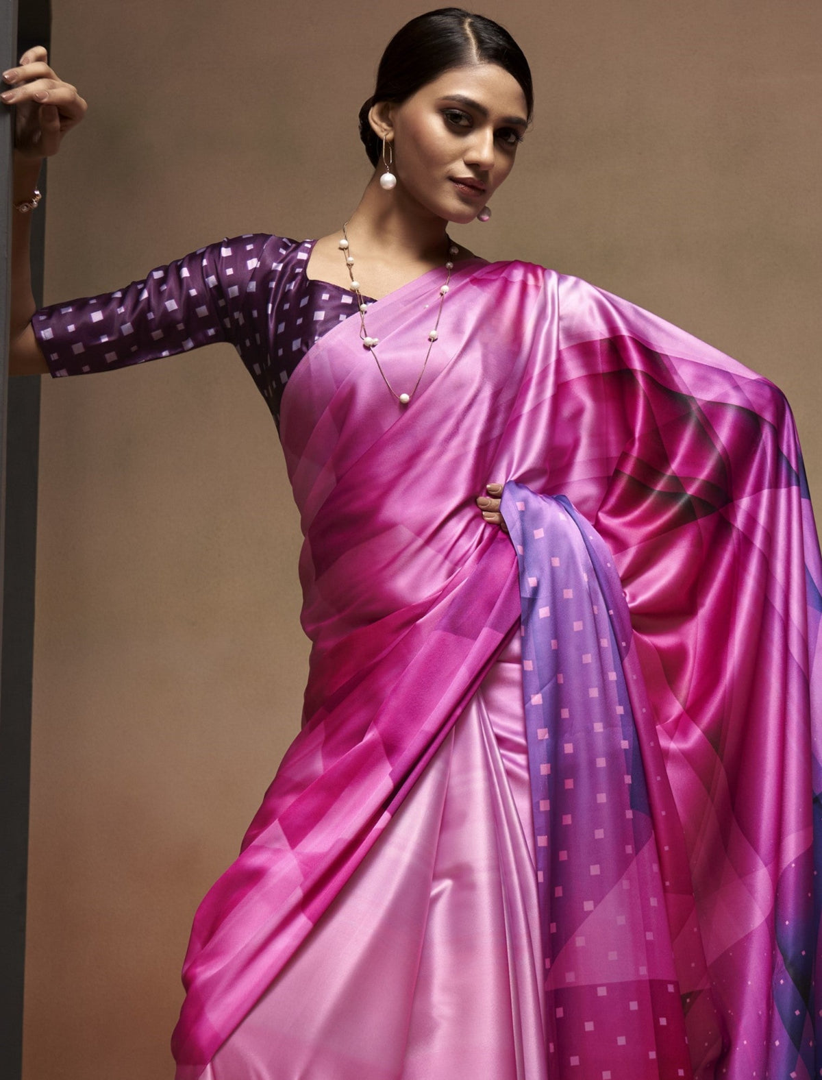 Pink & Purple Bollywood Satin Crepe Sarees Online in India