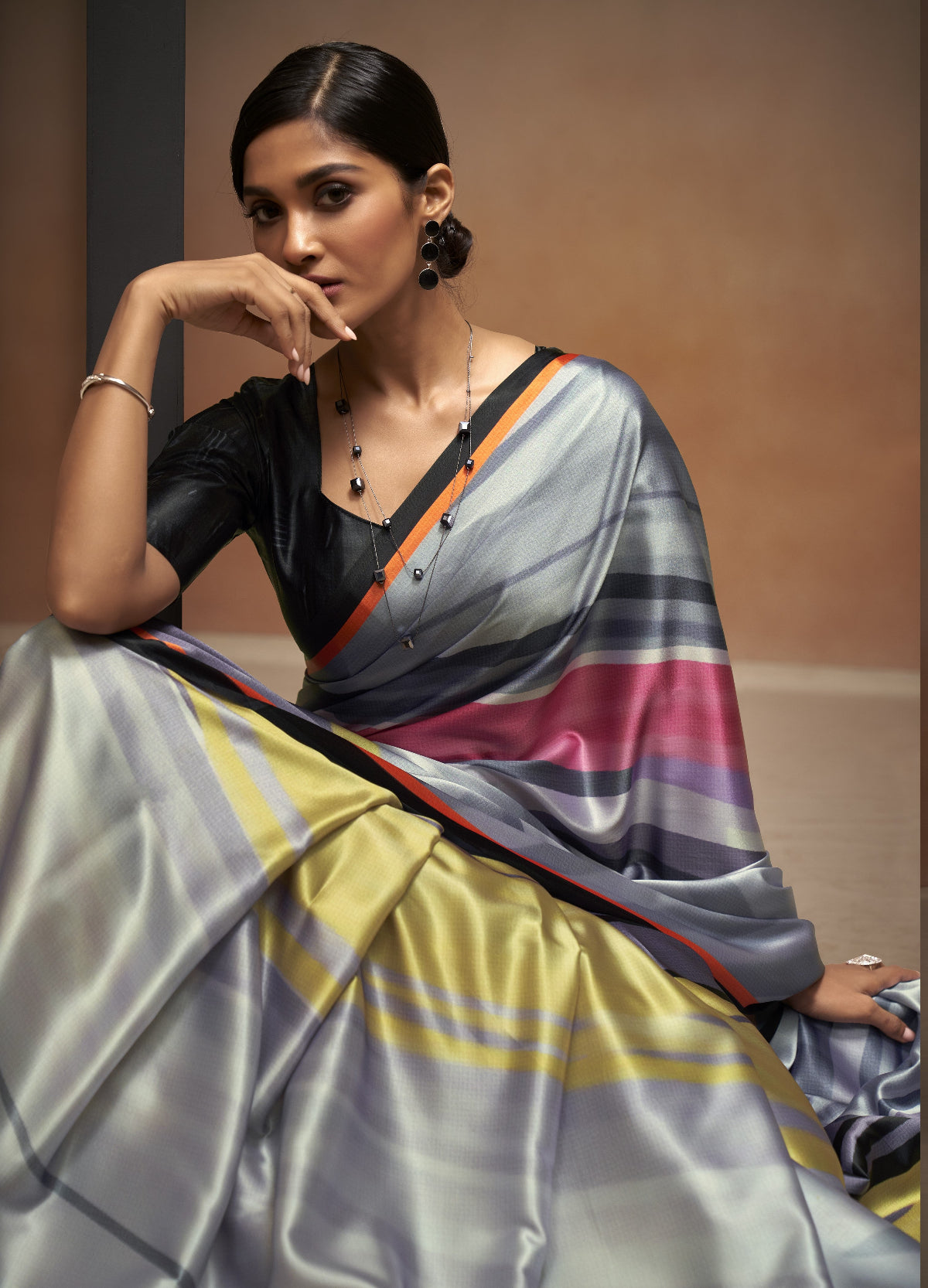 Cloudy Grey Bollywood Satin Crepe Sarees Online in India