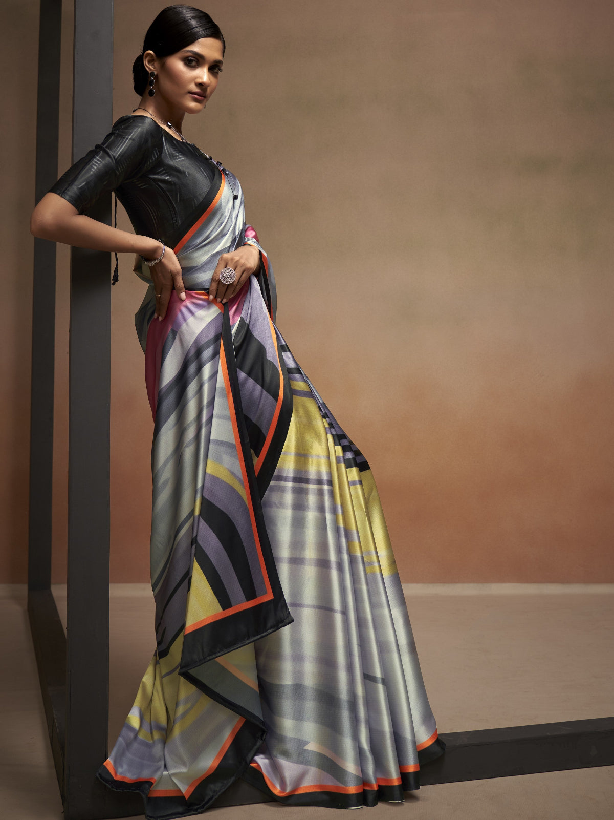 Cloudy Grey Bollywood Satin Crepe Sarees Online in India
