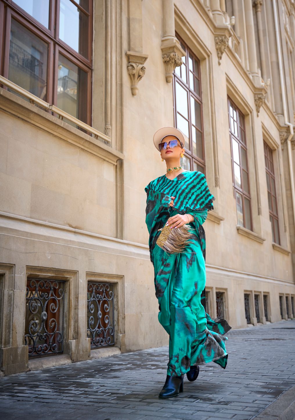 Rama Green Printed Satin Crepe Silk Saree