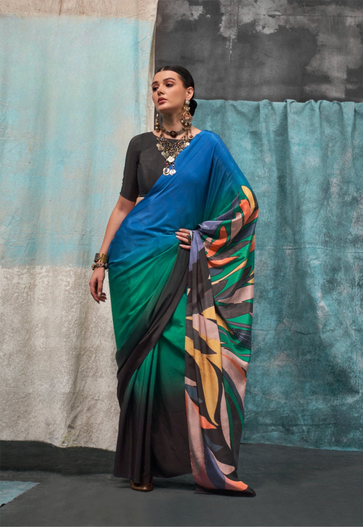 Multicolor Printed Pure Crepe Silk Sarees Online in India & USA - STORI
