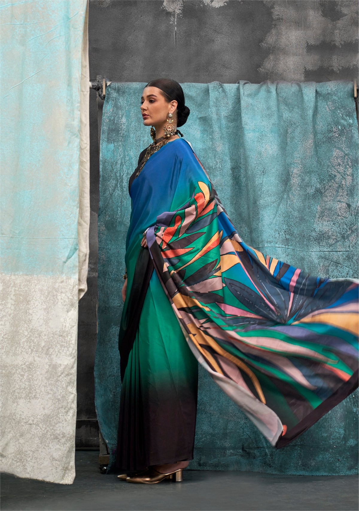 Multicolor Printed Pure Crepe Silk Sarees Online in India & USA - STORI