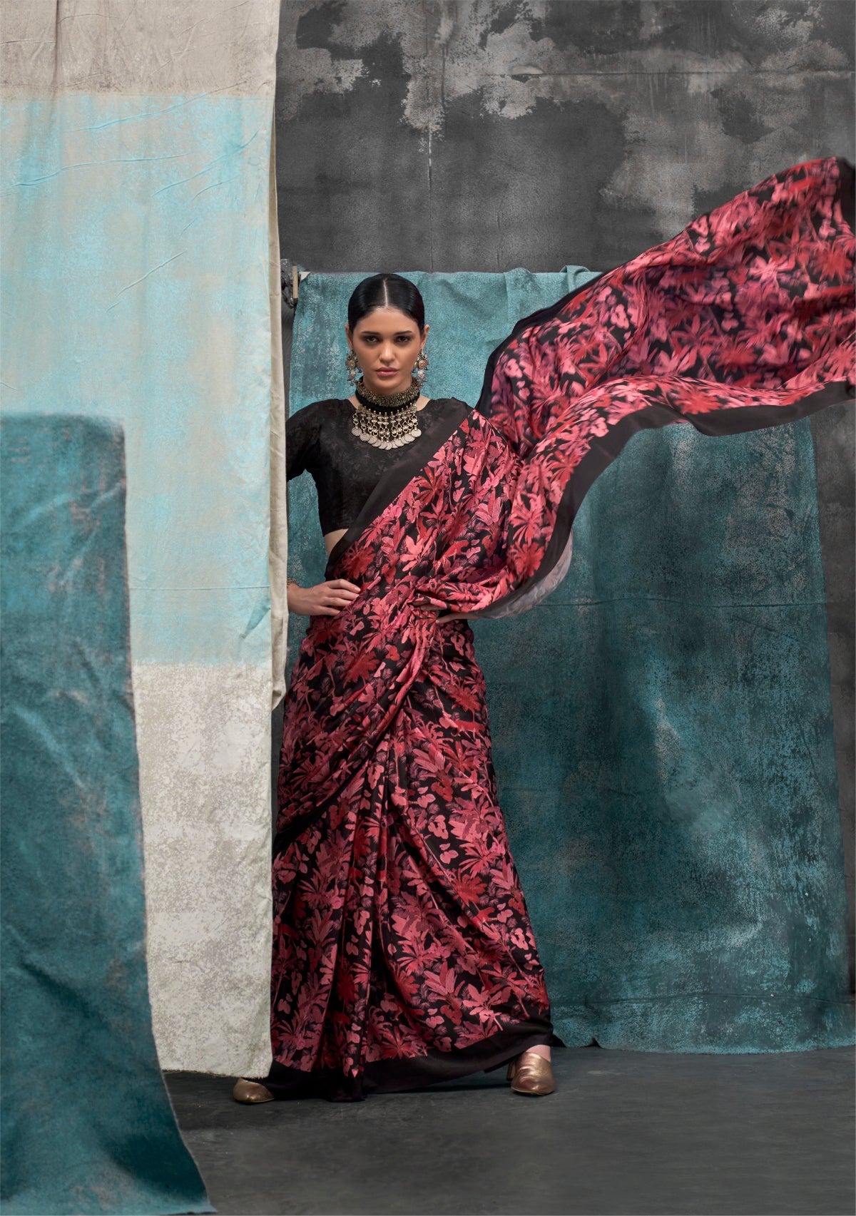Maroon Printed Pure Crepe Silk Sarees Online in India & USA - STORI