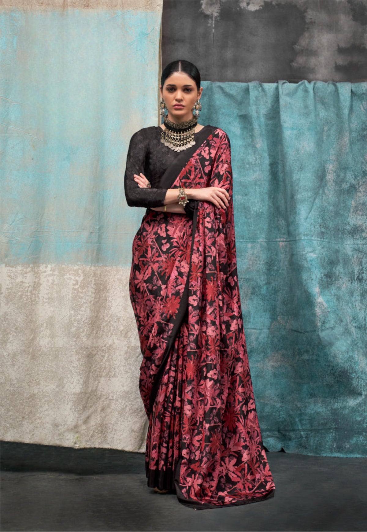 Maroon Printed Pure Crepe Silk Sarees Online in India & USA - STORI