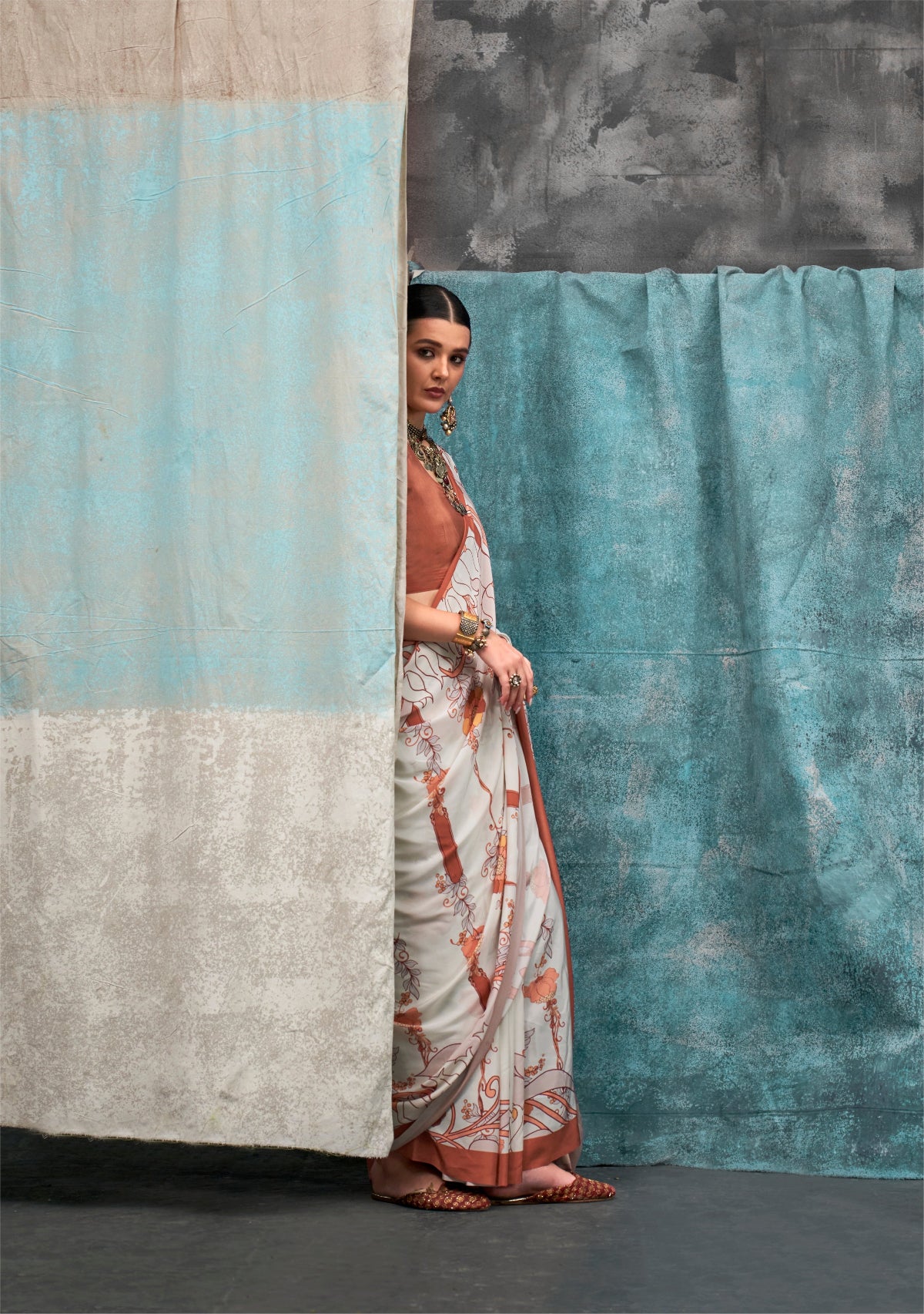 Brown Printed Pure Crepe Silk Sarees Online in India & USA - STORI