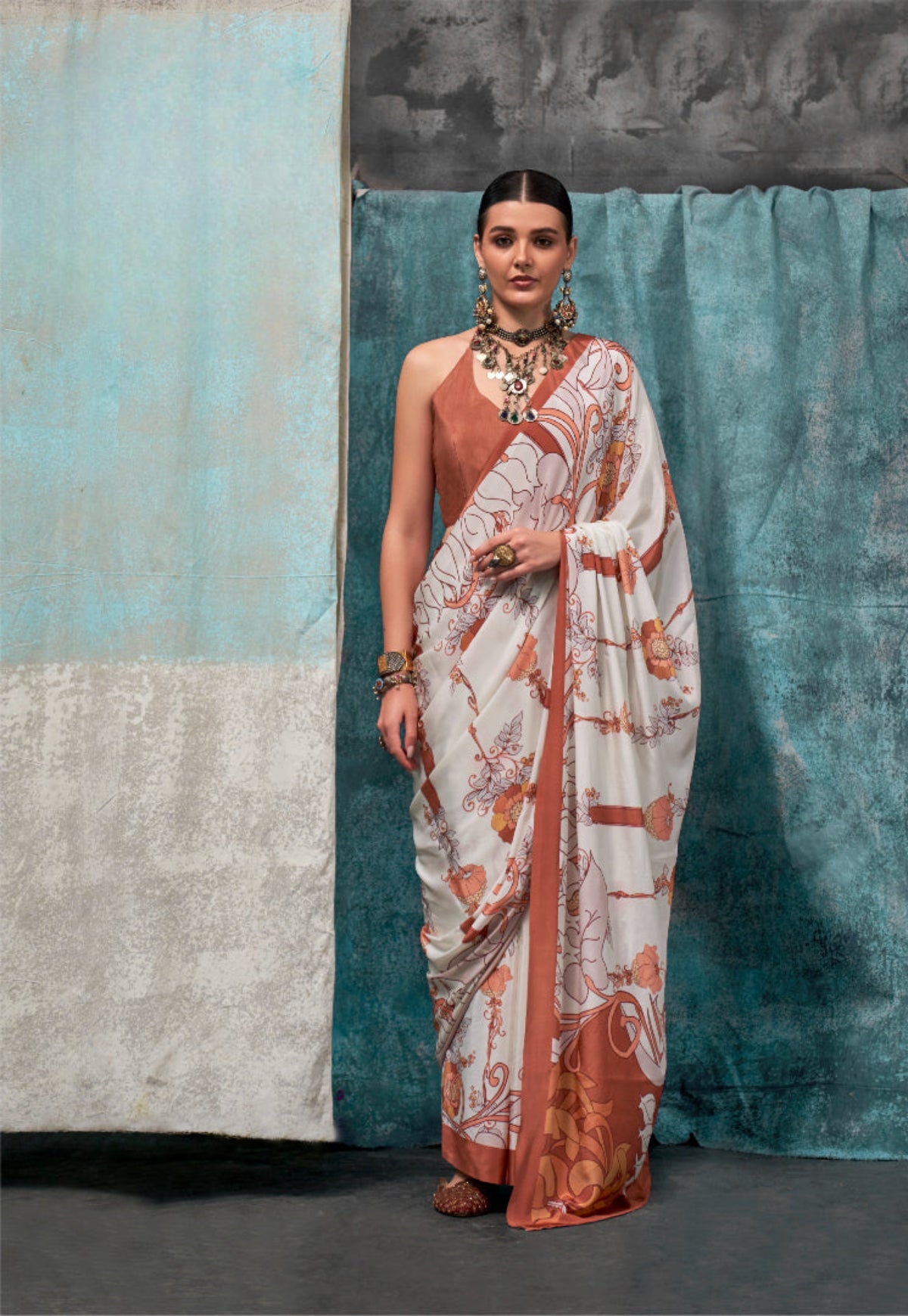 Brown Printed Pure Crepe Silk Sarees Online in India & USA - STORI