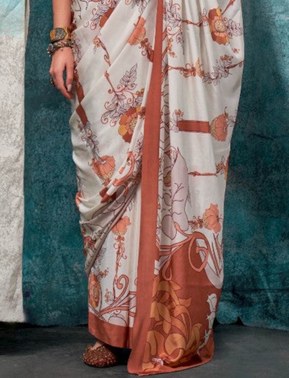 Brown Printed Pure Crepe Silk Sarees Online in India & USA - STORI