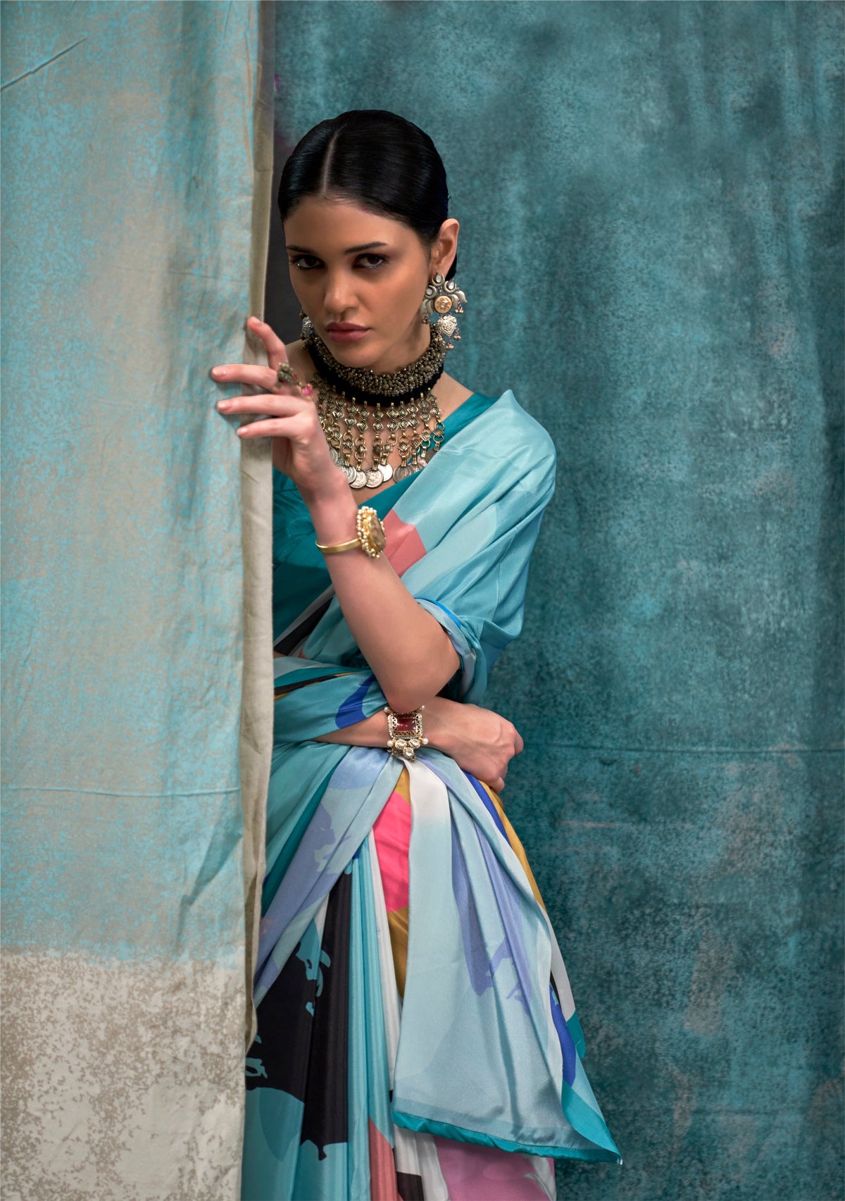 Seafoam Green Printed Pure Crepe Silk Saree Online in India & USA - STORI