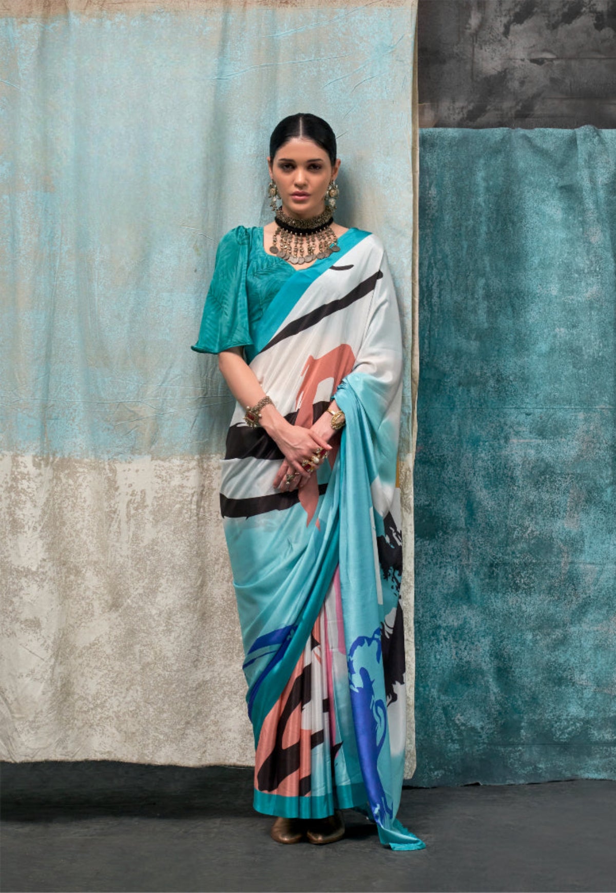 Seafoam Green Printed Pure Crepe Silk Saree Online in India & USA - STORI