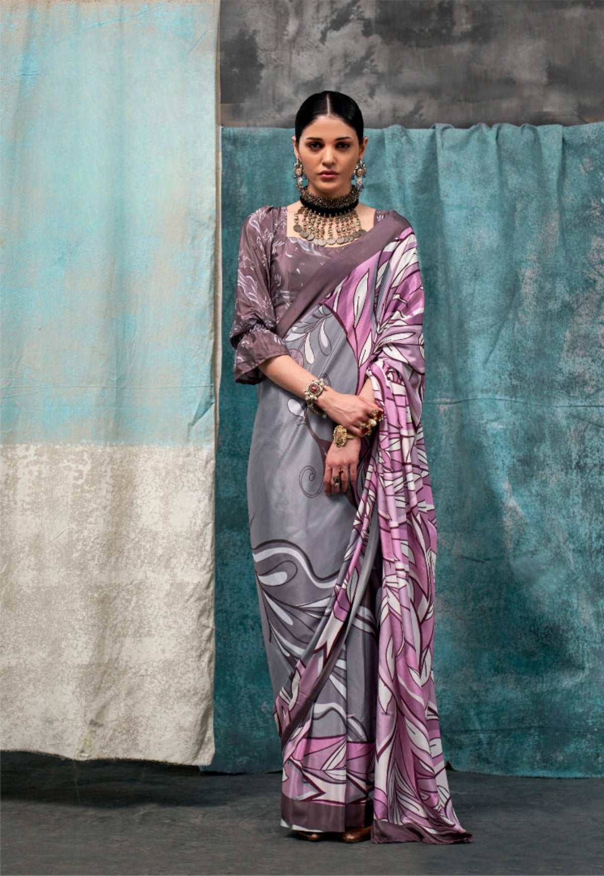 Soot Grey Floral Silk Sarees Online in India & USA - STORI