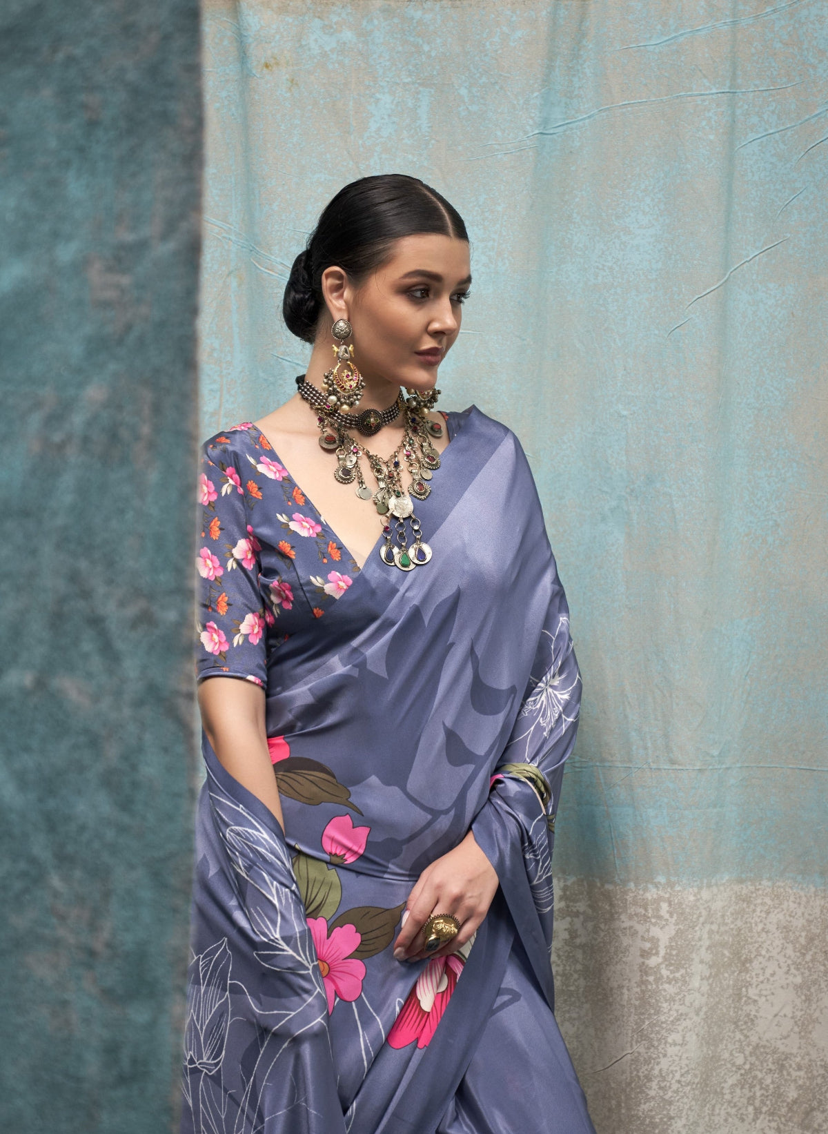 Grey Printed Pure Crepe Silk Saree Online in India & USA - STORI