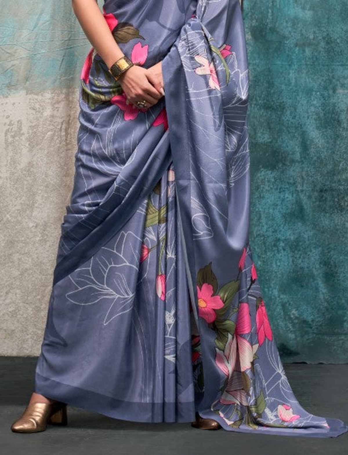 Grey Printed Pure Crepe Silk Saree Online in India & USA - STORI