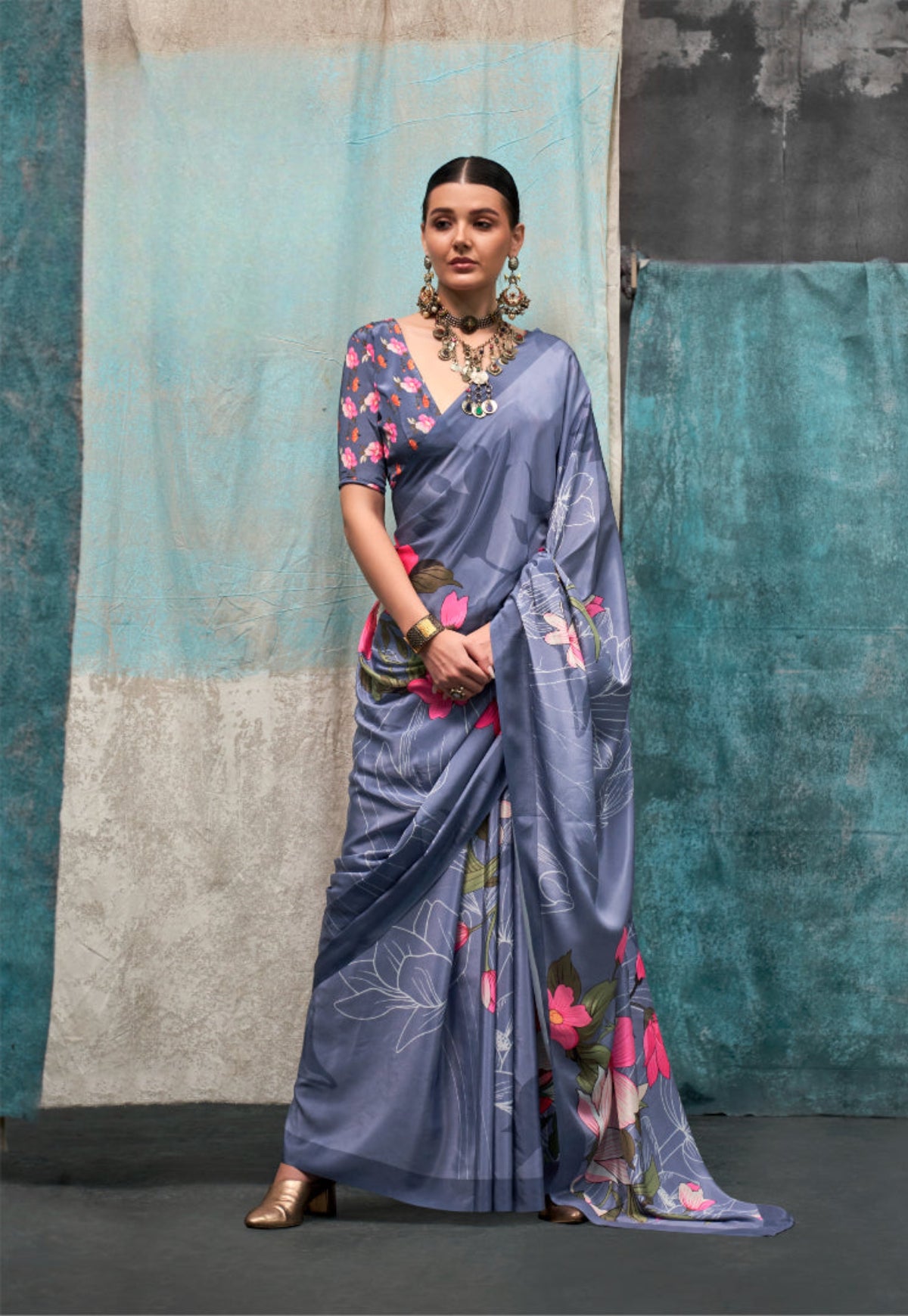 Grey Printed Pure Crepe Silk Saree Online in India & USA - STORI
