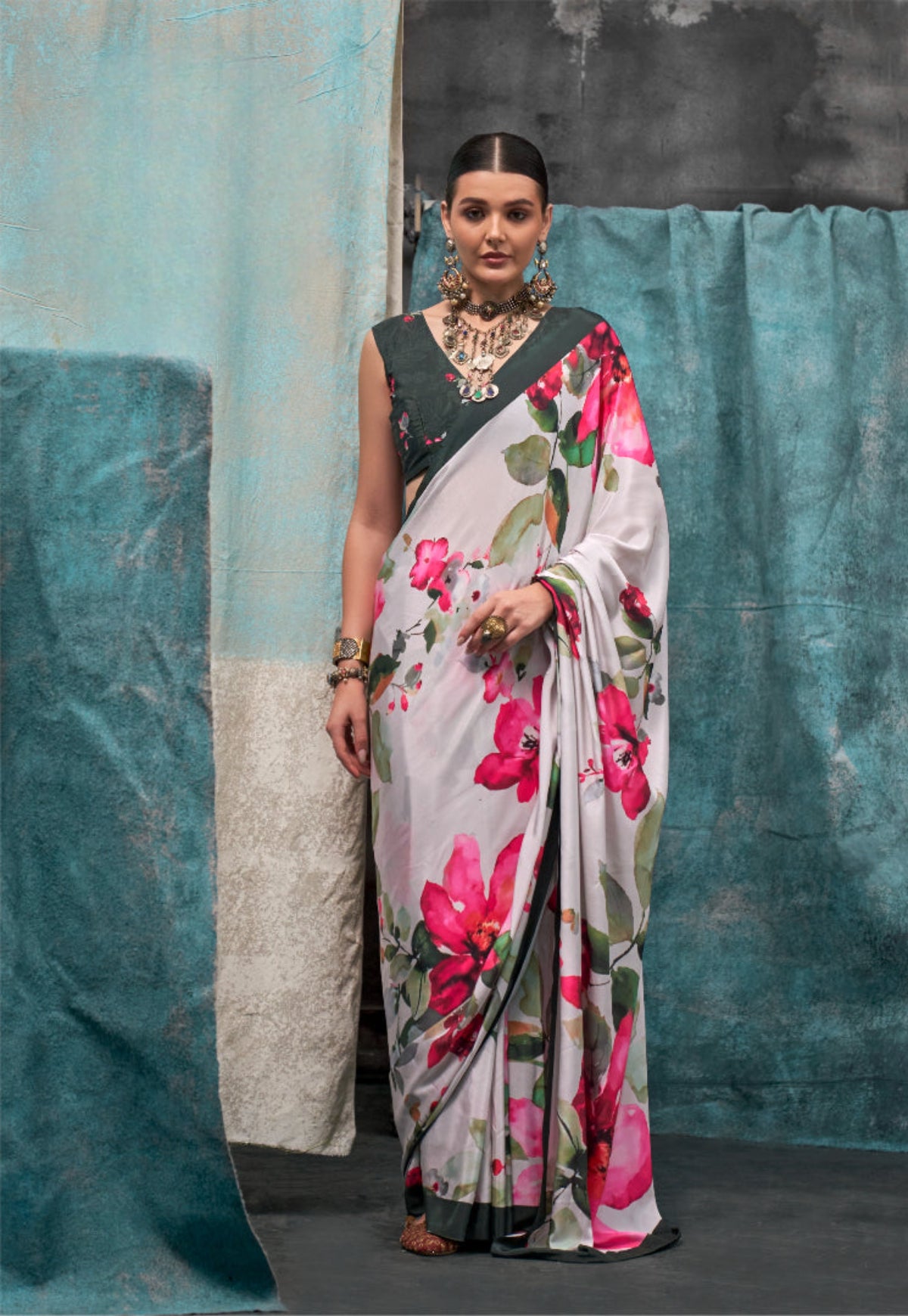 Lotus Printed Pure Crepe Silk Saree Online in India & USA - STORI
