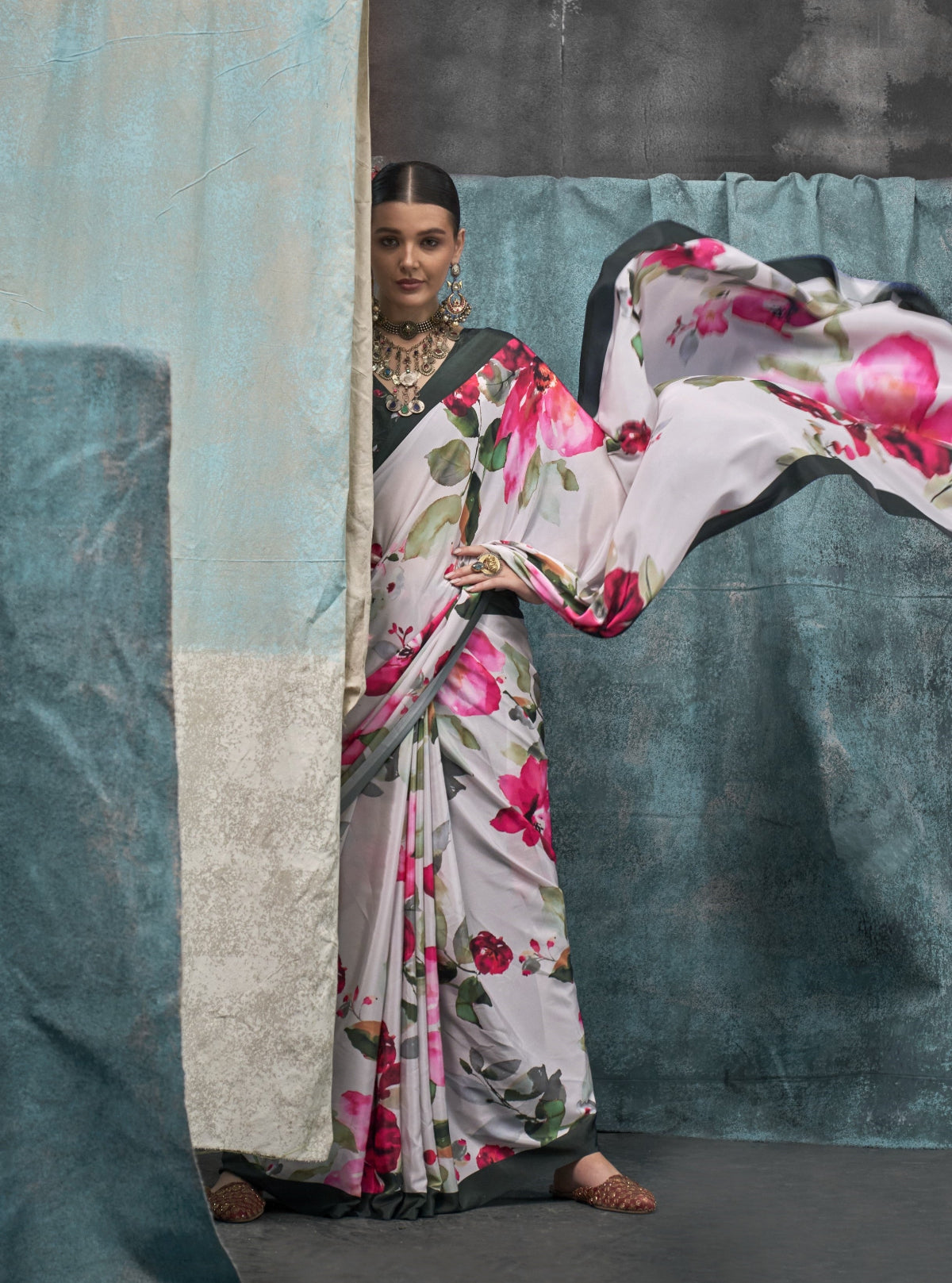 Lotus Printed Pure Crepe Silk Saree Online in India & USA - STORI