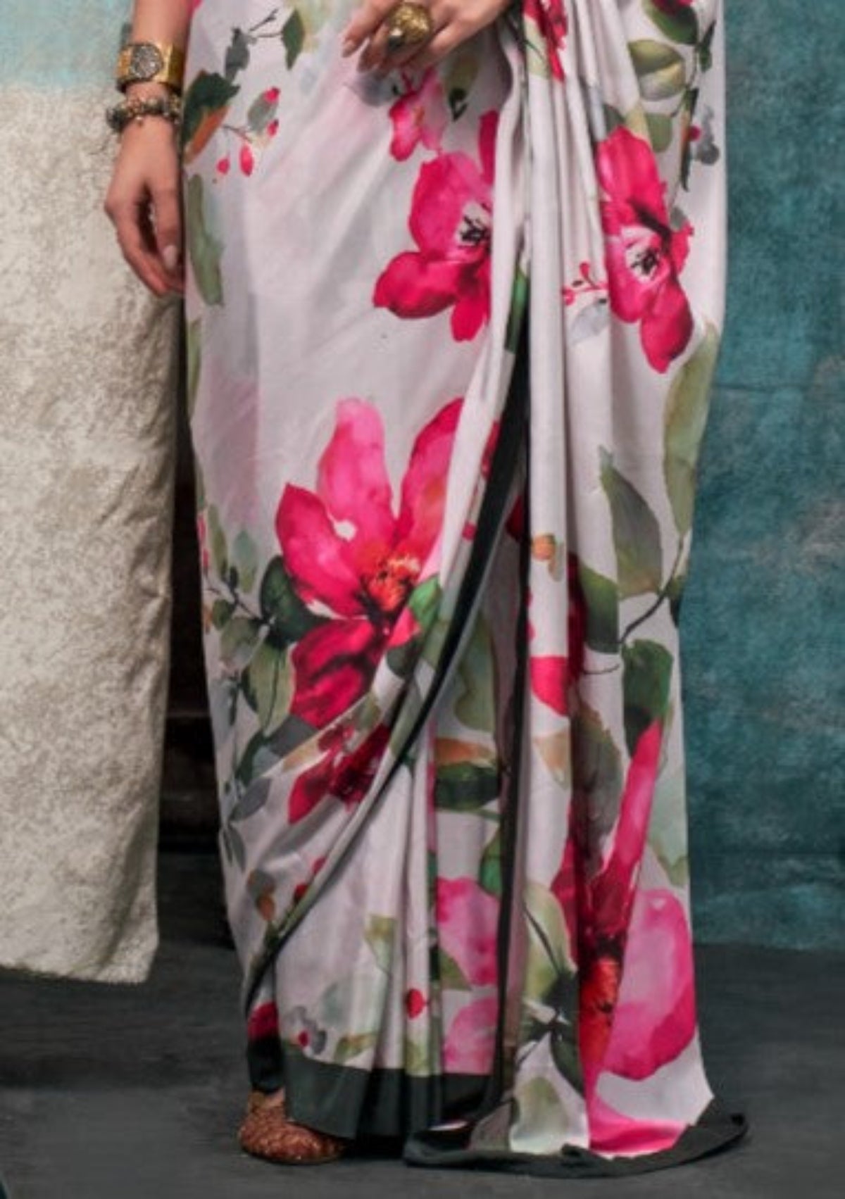 Lotus Printed Pure Crepe Silk Saree Online in India & USA - STORI