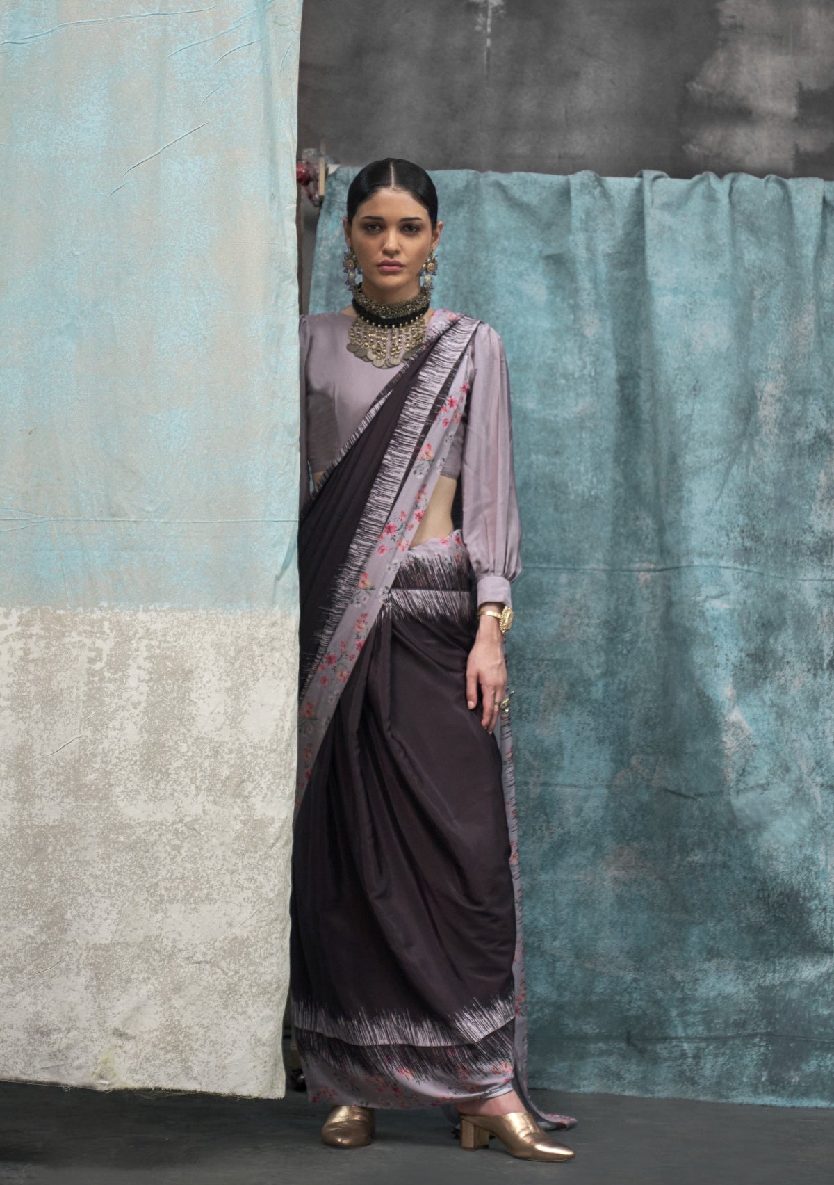 Light Grey & Black Printed Pure Crepe Silk Saree Online in India & USA - STORI